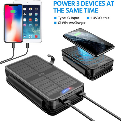 PowerNexus™ – 20,000mAh Solar Power Bank with Wireless Qi & Built-In Cables!